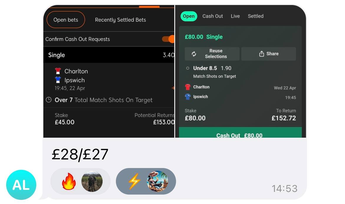 Member screenshot: Charlton vs Ipswich Over 7 Match Shots on Target arb, £28/£27 profit either way