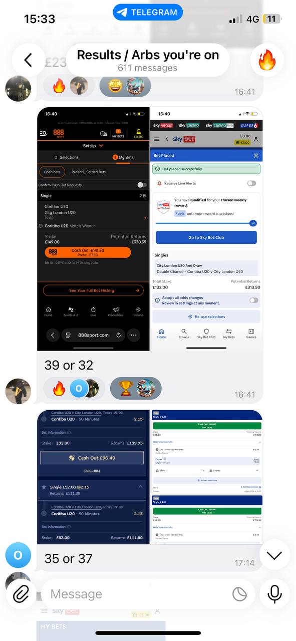 Member screenshot: Coritiba U20 vs City London U20 Match Winner arb across 888Sport, Sky Bet and William Hill, £35–£39 profit